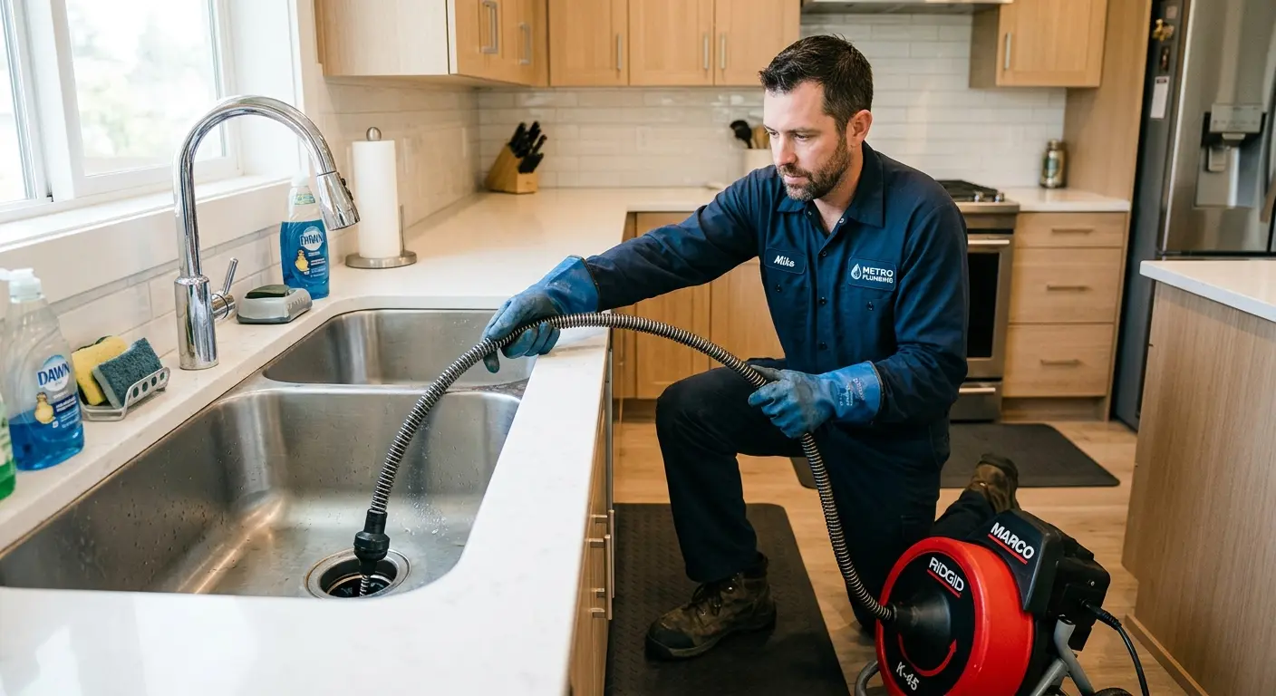 Drain cleaning technician using a motorized snake on a kitchen sink in Berwick