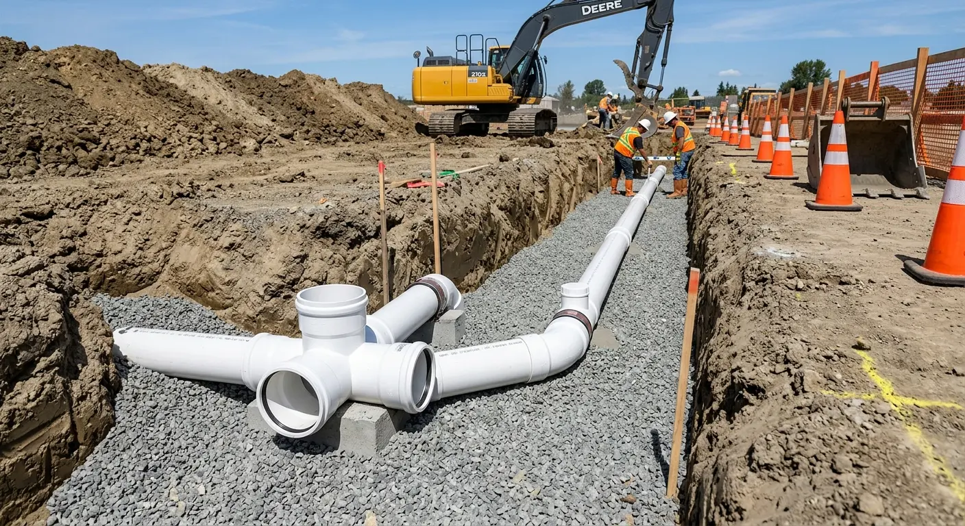 New PVC sewer pipe installation in open trench for Sewer Backup in Berwick