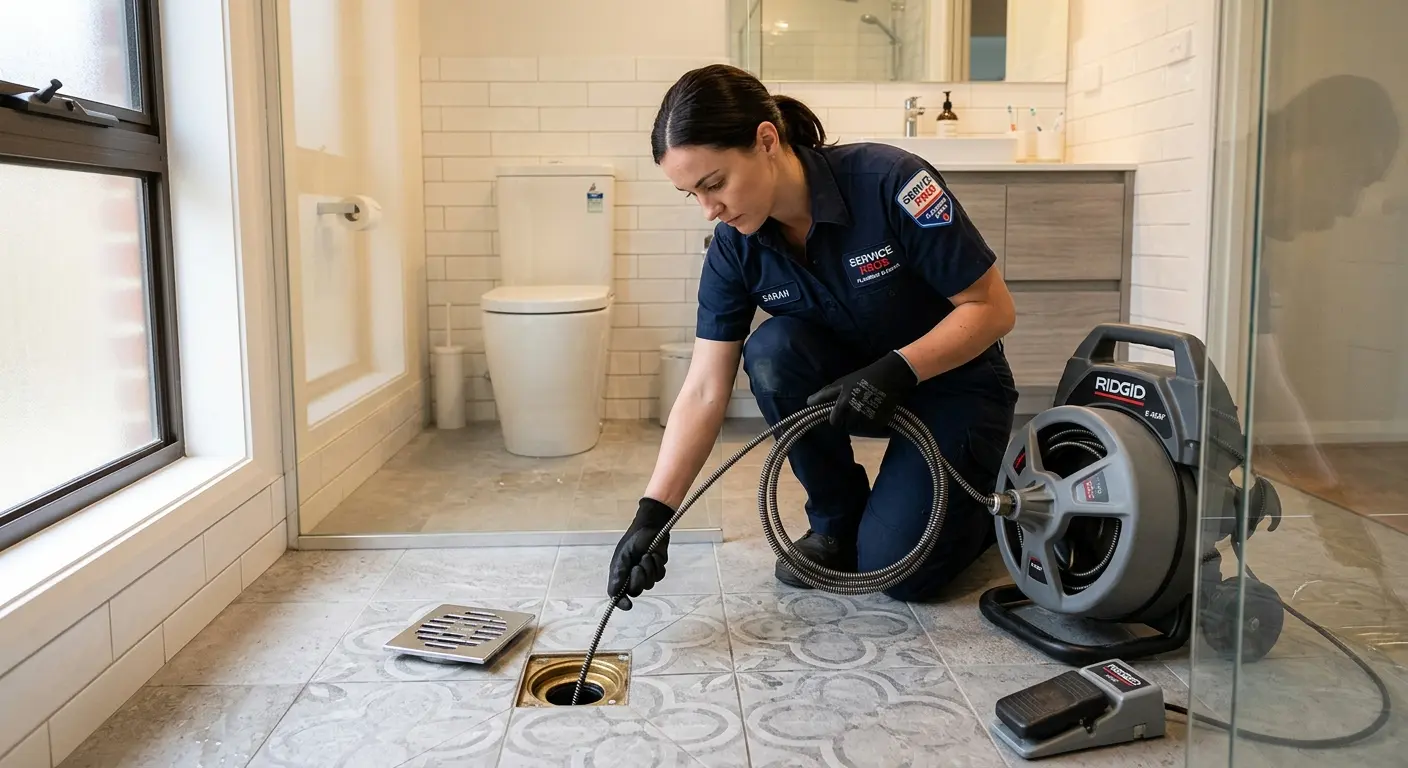 Technician clearing a bathroom floor drain for Drain Repair in Berwick